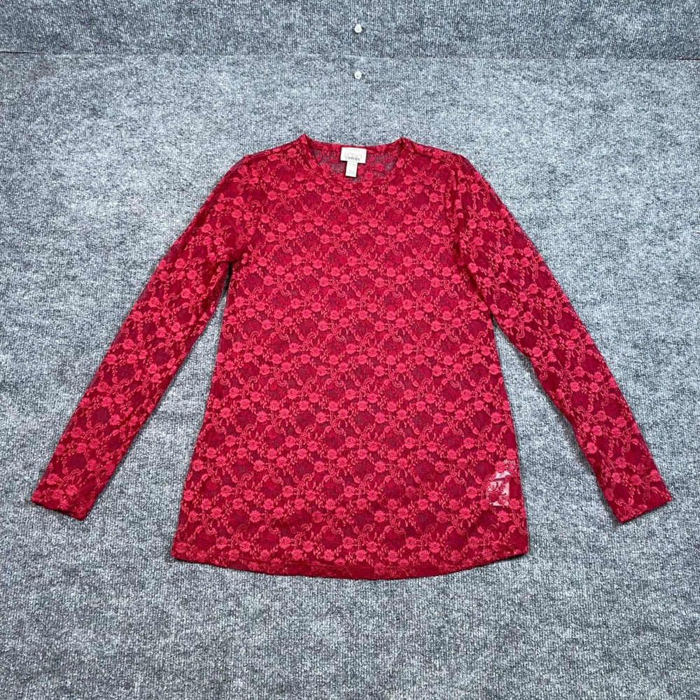 LOGO Layers Lori Goldstein Red Floral Lace Long Sleeve Sheer Top XXS